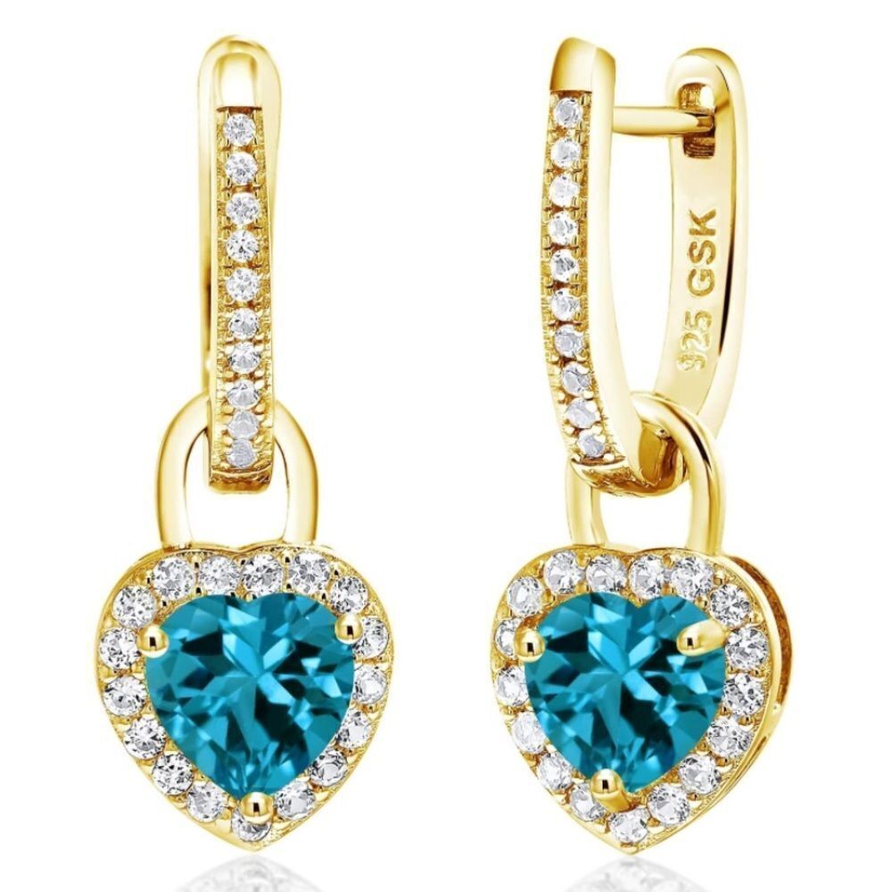 18K Yellow Gold 925 2.40Cttw London Blue Topaz and White Sapphire Heart Earrings